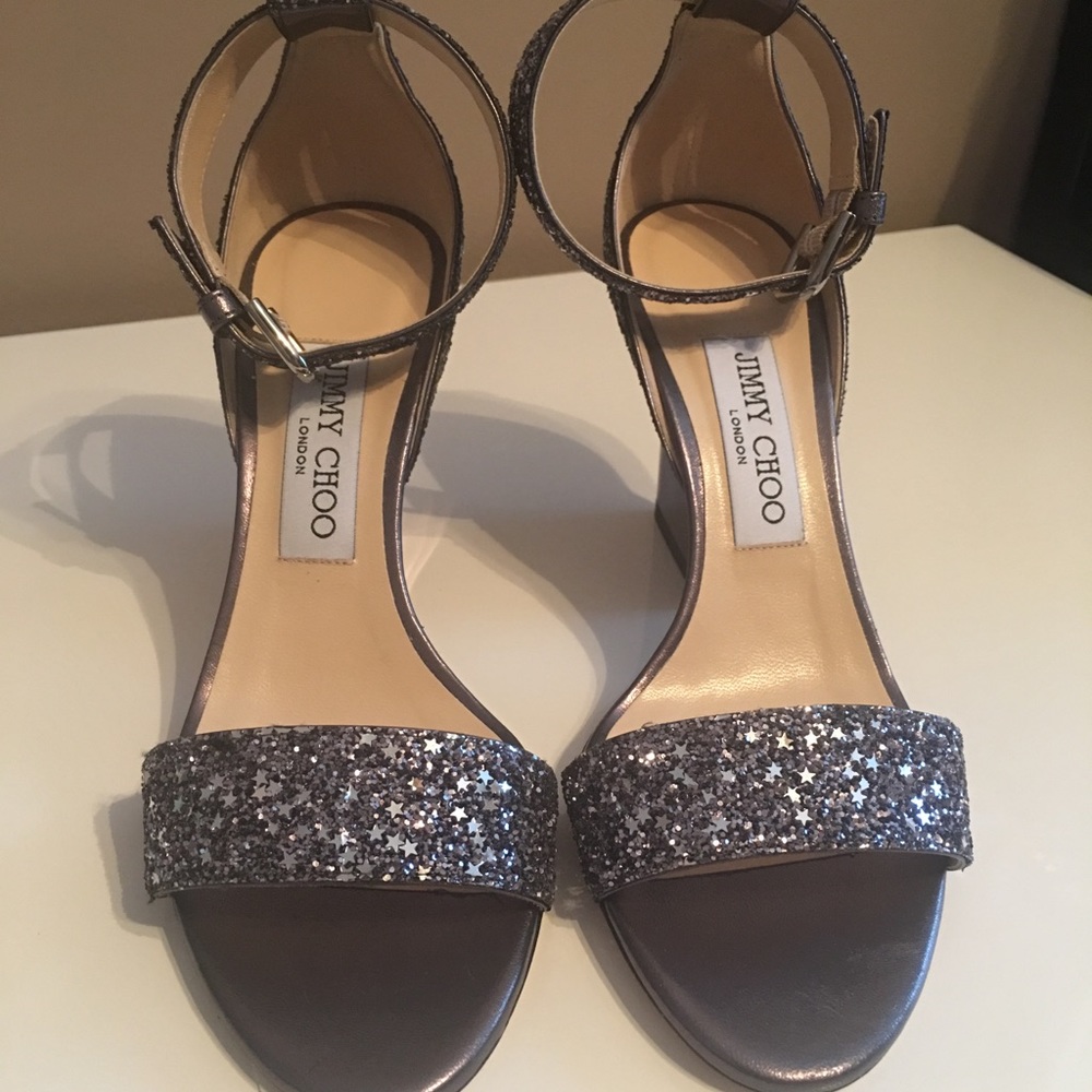 Jimmy Choo Gray Edina 85 Coarse Glitter Sandal